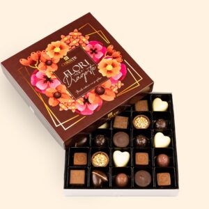 Cutie 25 praline ciocolată belgiană cu Cafea și Caramel - Colecția Flori de Dragoste (330g)