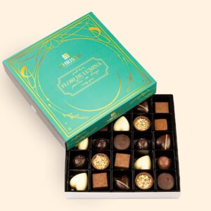 Cutie 25 praline ciocolată belgiană cu Cafea și Caramel - Colecția Flori de Lumină (330g)